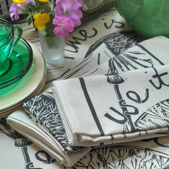 'Time is Precious' Natural, Unbleached Cotton Tea Towel in Black