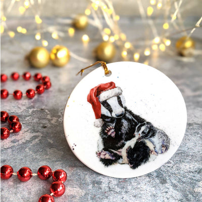 Santa Badger Personalised Ceramic Christmas Ornament