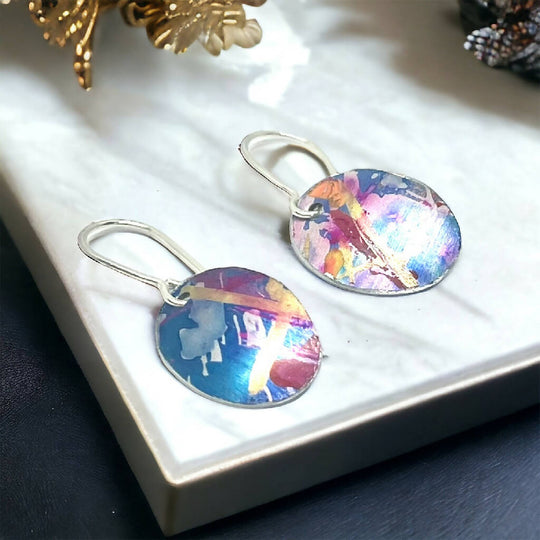 Peonies Inspired Blue and Pink Oval Aluminium Earrings