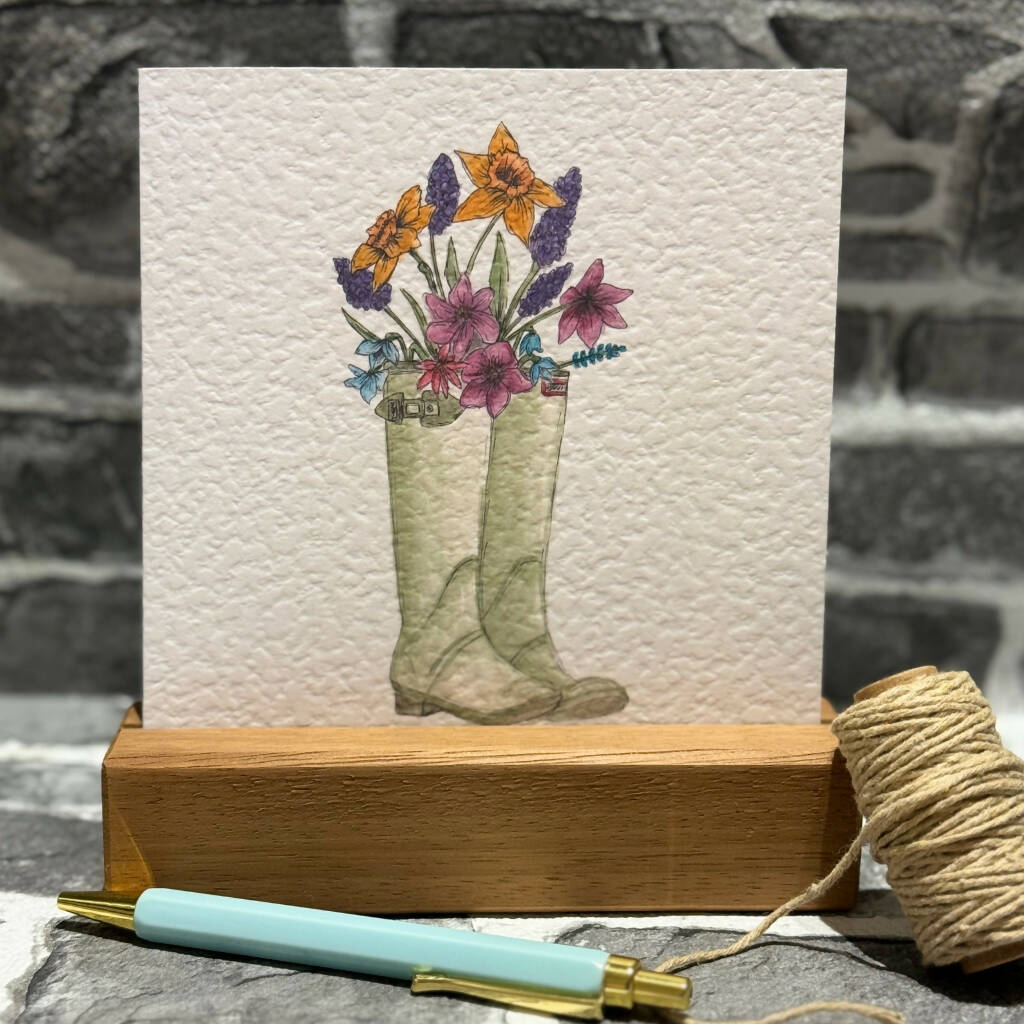 Watercolour Springtime Wellies Greetings Card