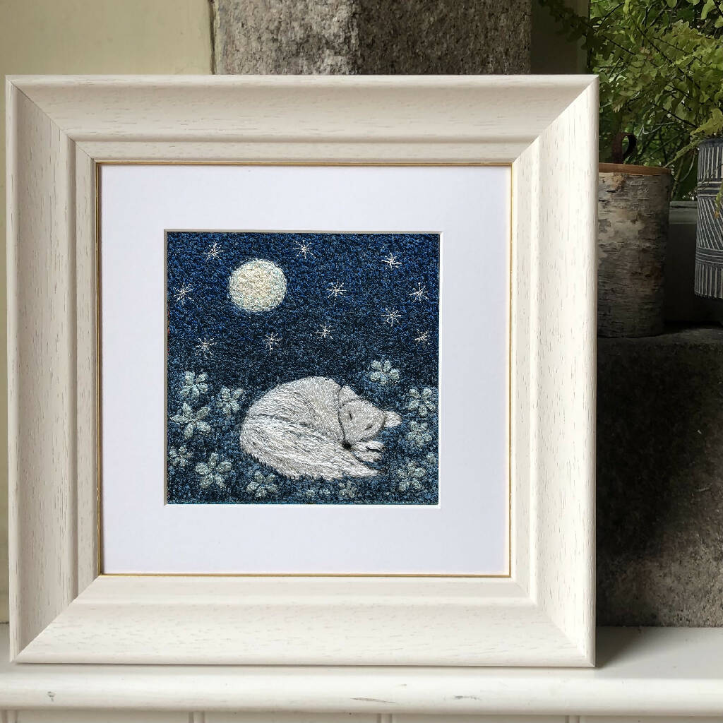 Moonflower Framed Embroidered Artwork with White Fox Moon And Flower Bed