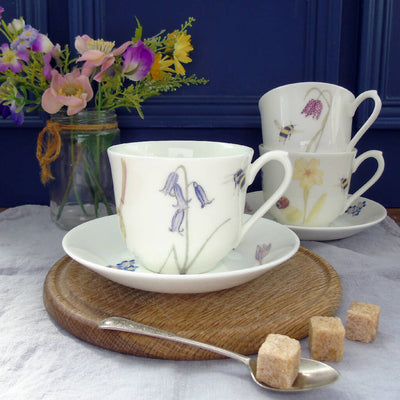 Bee and Spring Flowers Bone China Teacup and Saucer