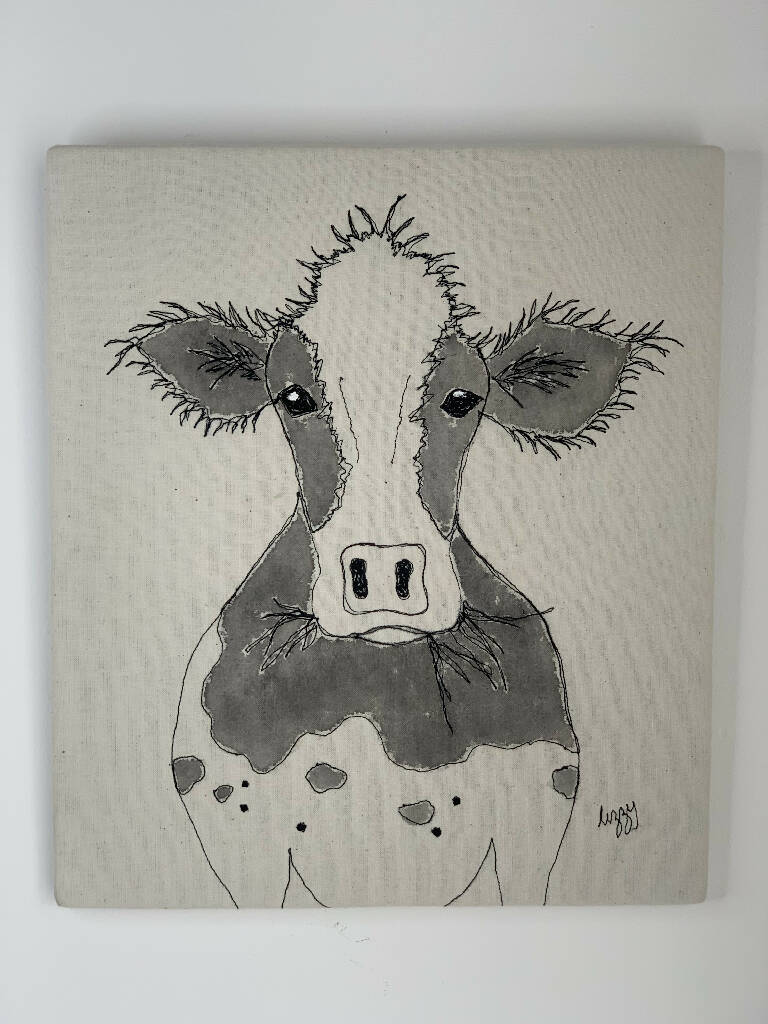 Hand painted and Machine Stitched Fabric Cow Art