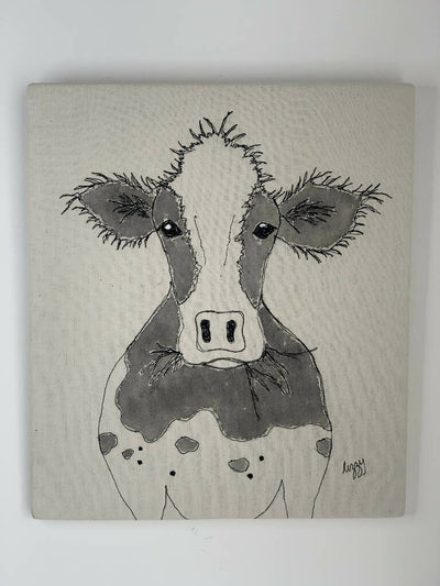 Hand painted and Machine Stitched Fabric Cow Art