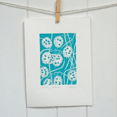 Honesty Seedhead in Teal Blue - Open Ended Edition - Original Linocut Print