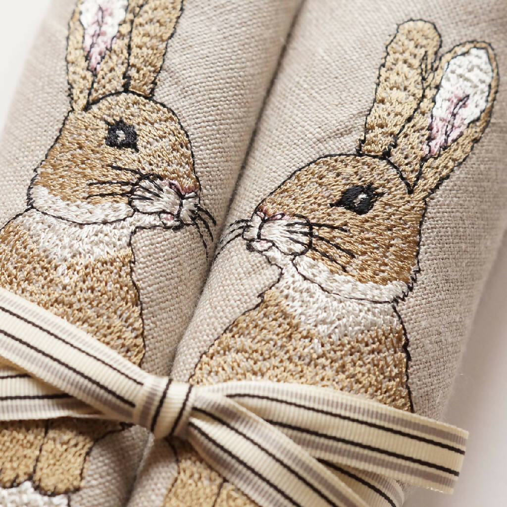 Close Up of Natural Linen Embroidered Easter Rabbit Napkins by Kate Sproston Design