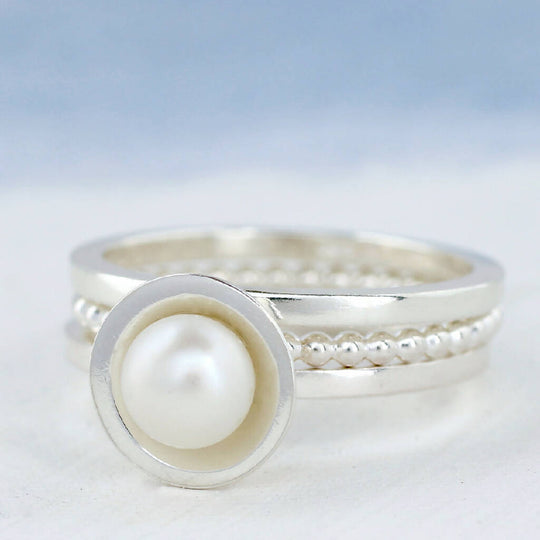 Pearl Stacking Ring Set in Solid Sterling Silver
