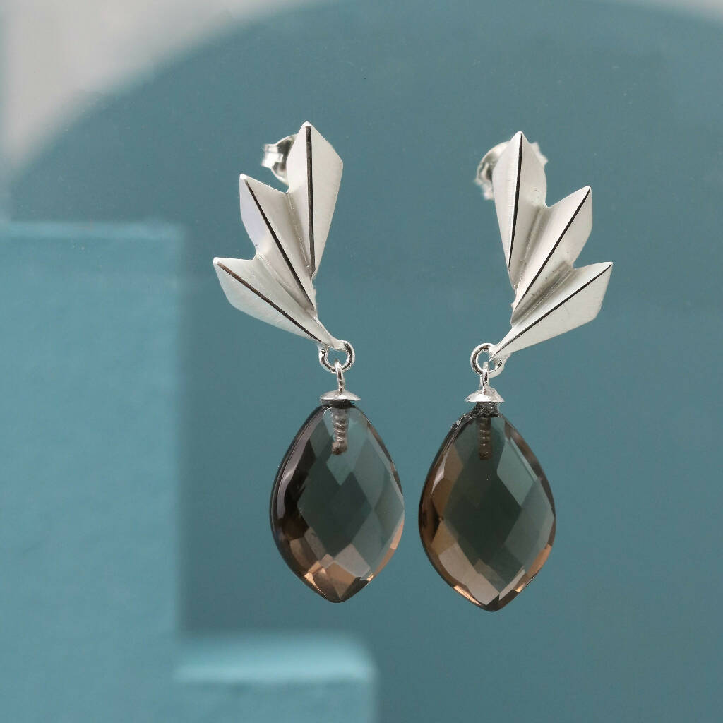 Geometric Fan Drop Earrings with Smokey Quartz in Solid Sterling Silver
