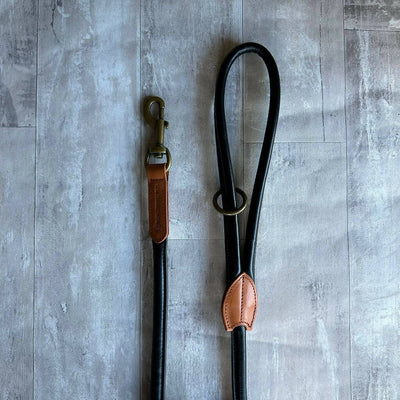 Rolled Leather Dog Lead Black with Tan