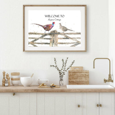 Personalised Watercolour Pheasants On Country Gate Print