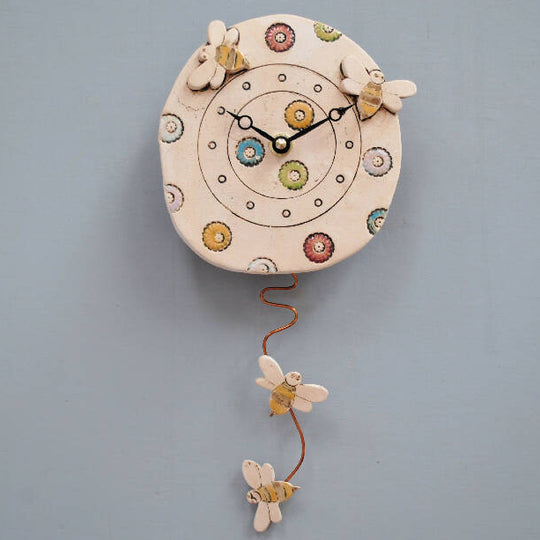 Round Ceramic Pendulum Wall Clock with Bees and Flowers