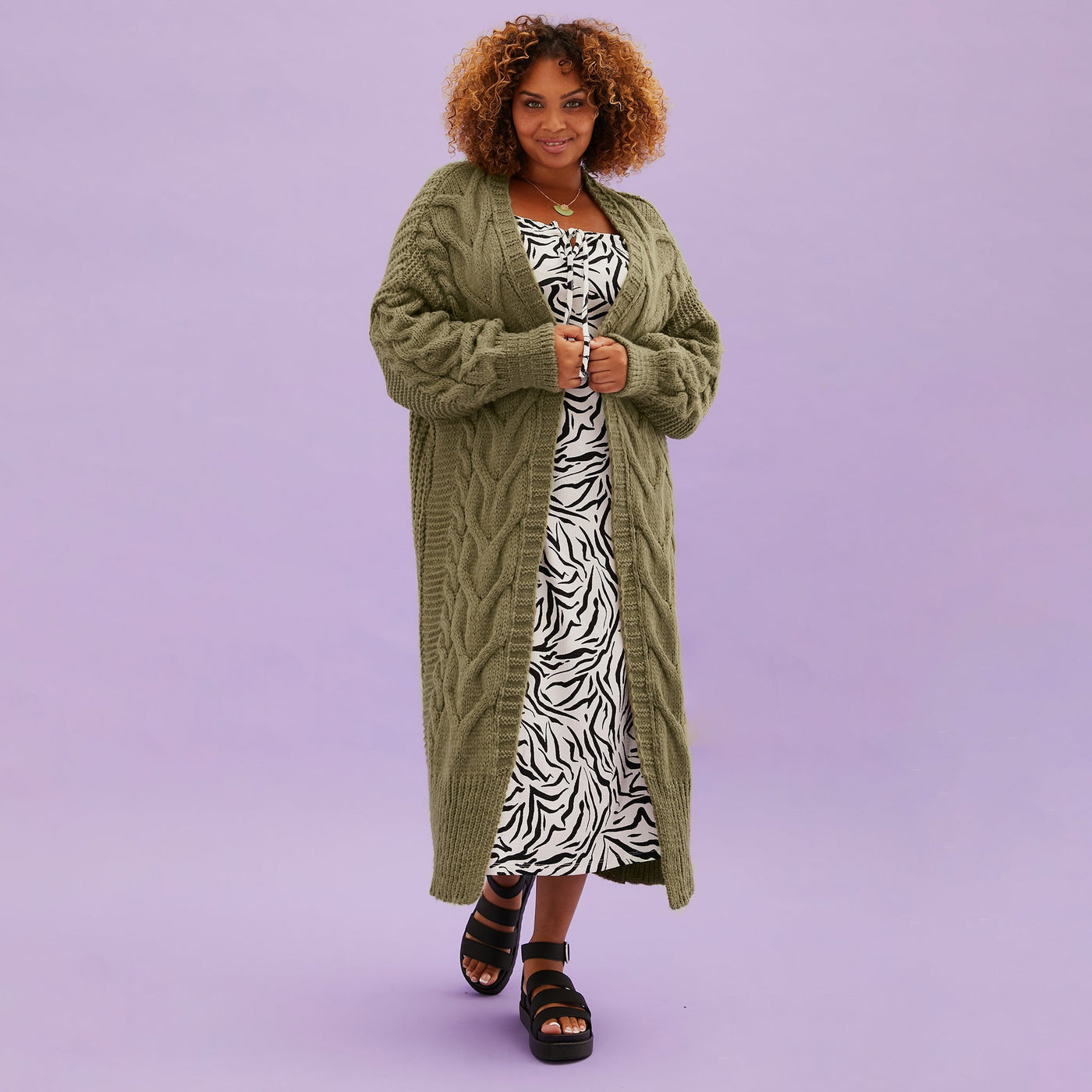 Alex Cable Balloon Sleeve Maxi Cardigan - Khaki