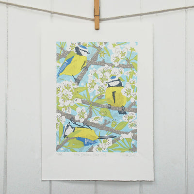 Pear Blossom Blue Tits - Limited Edition - Original Linocut Print