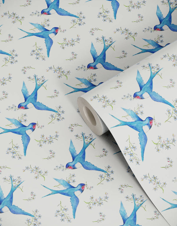 Swallow and Forget-Me-Not Sustainable Wallpaper