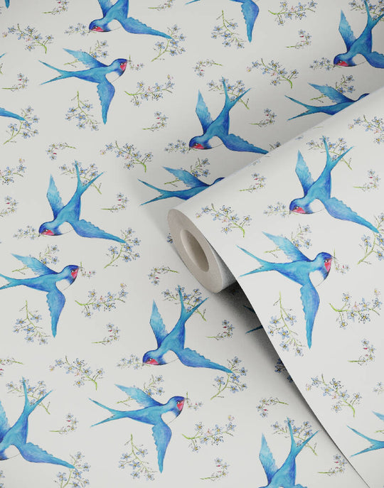 Swallow and Forget-Me-Not Sustainable Wallpaper