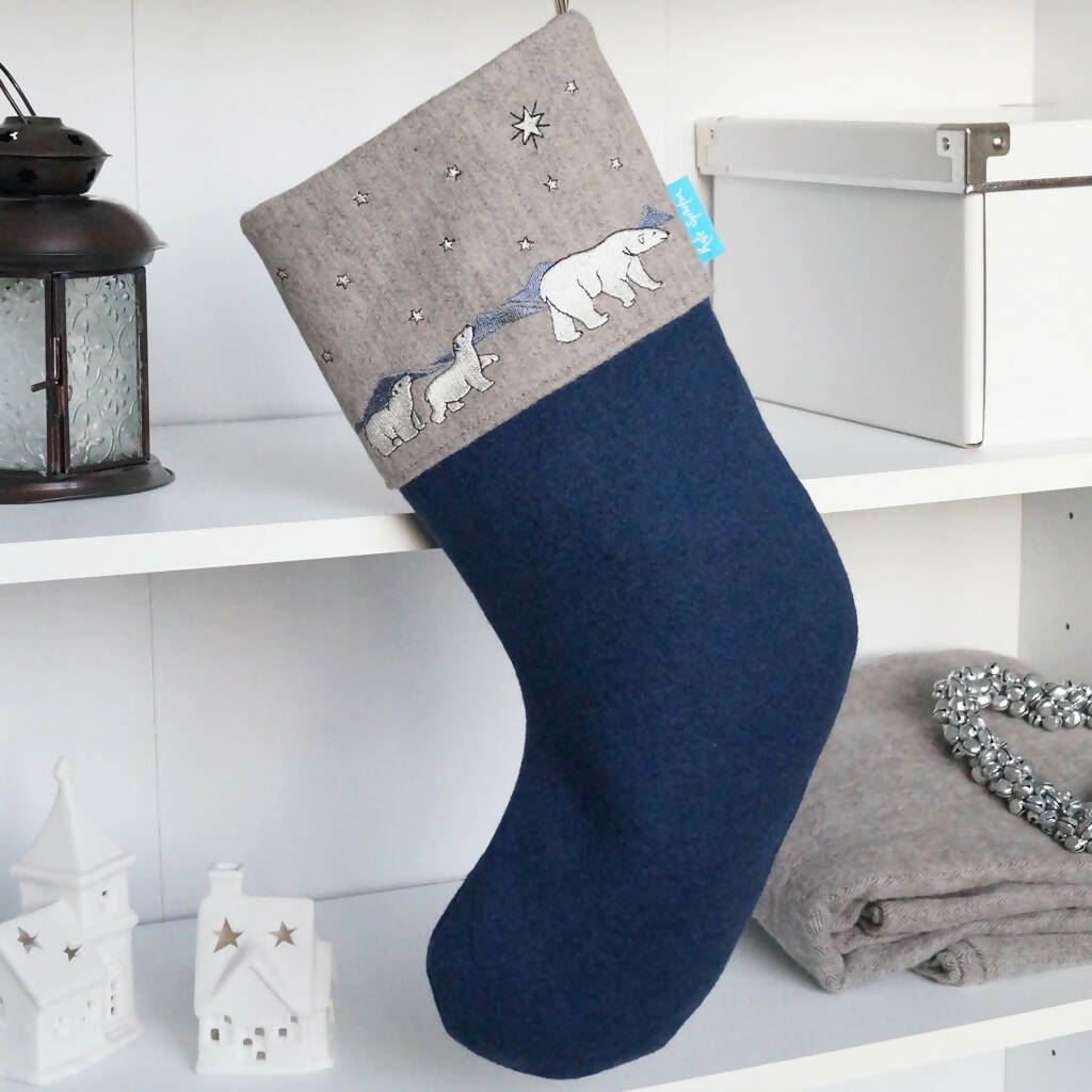 Embroidered Polar Bear and Cubs Christmas Stocking