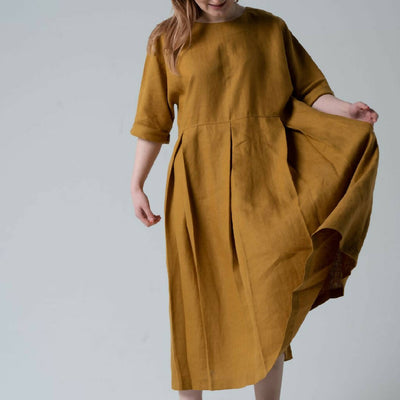 Helen linen dress with pleated skir_goldenrod