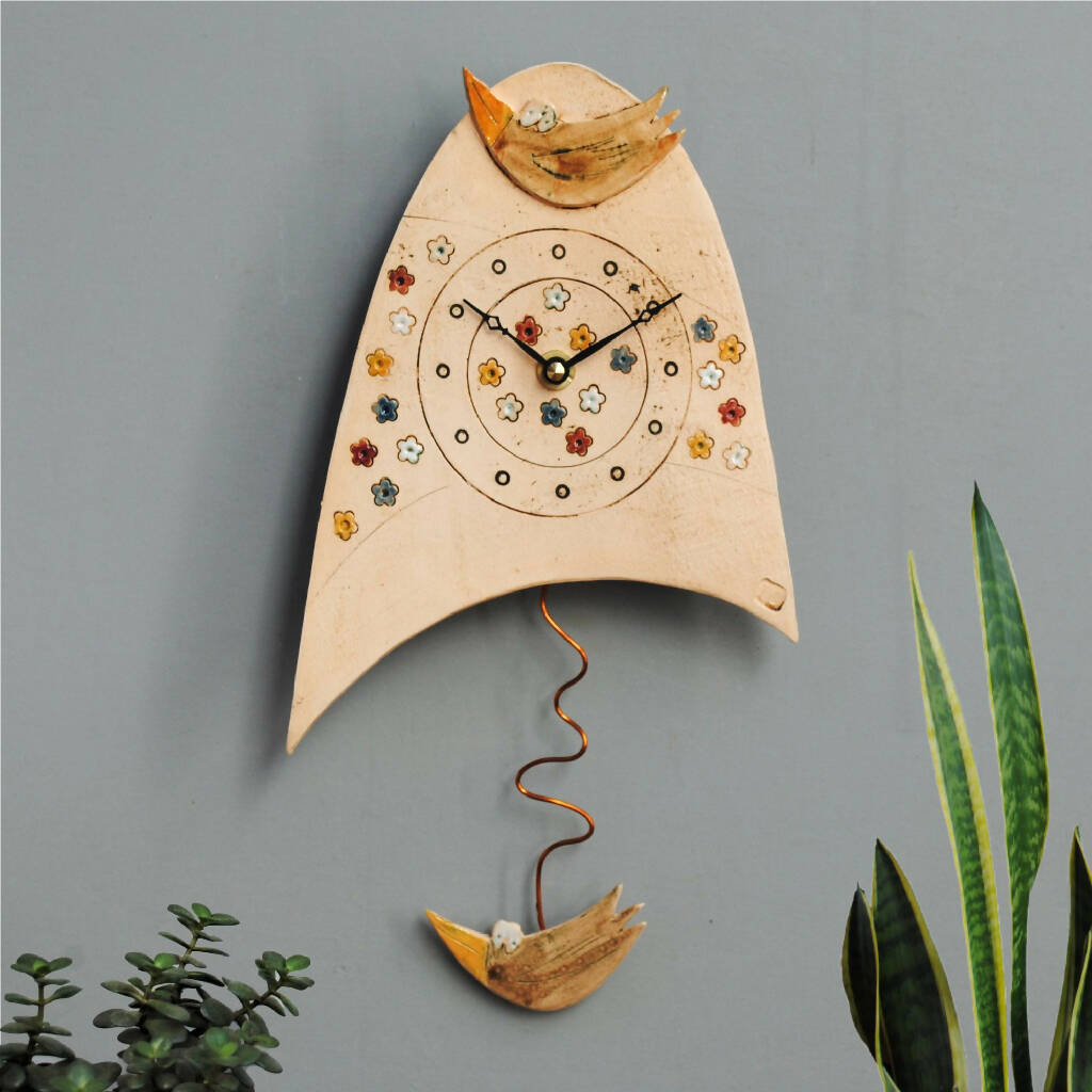 Birds and Meadow Ceramic Wall Clock with Pendulum