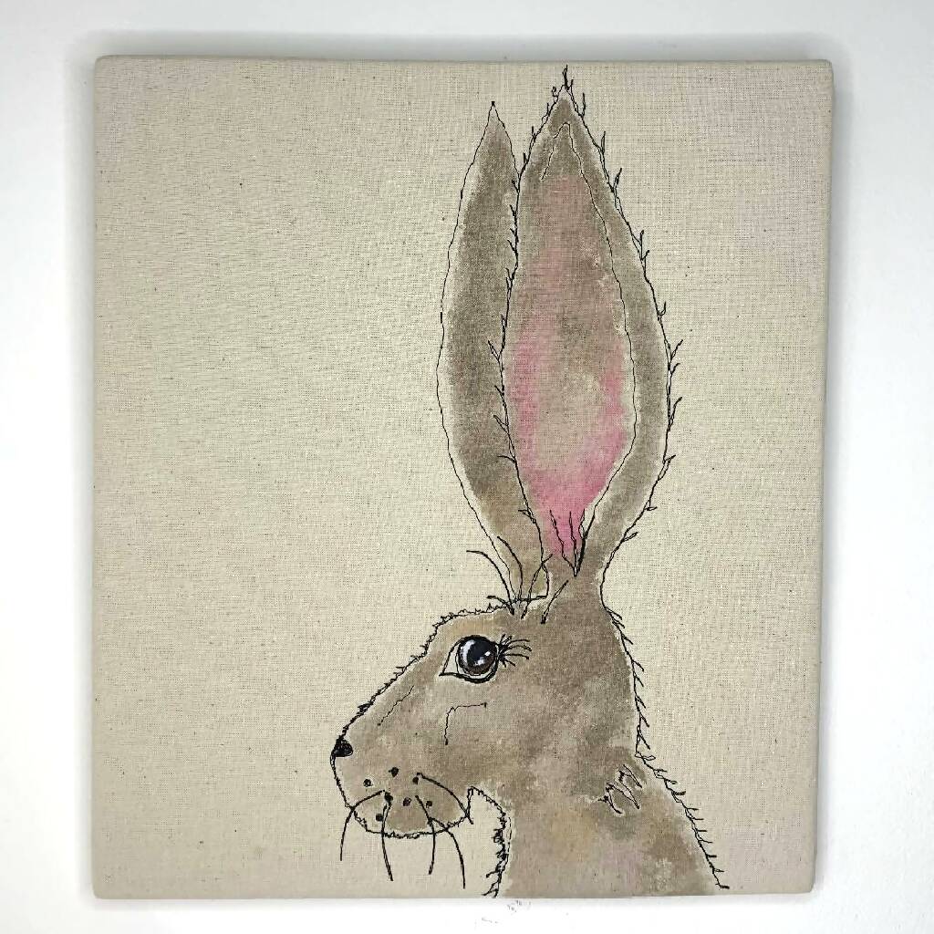 Watercolour and Stitch Artwork of a Hare