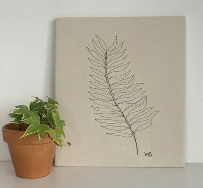 Machine Stitched Fern Leaf in Black Cotton Artwork