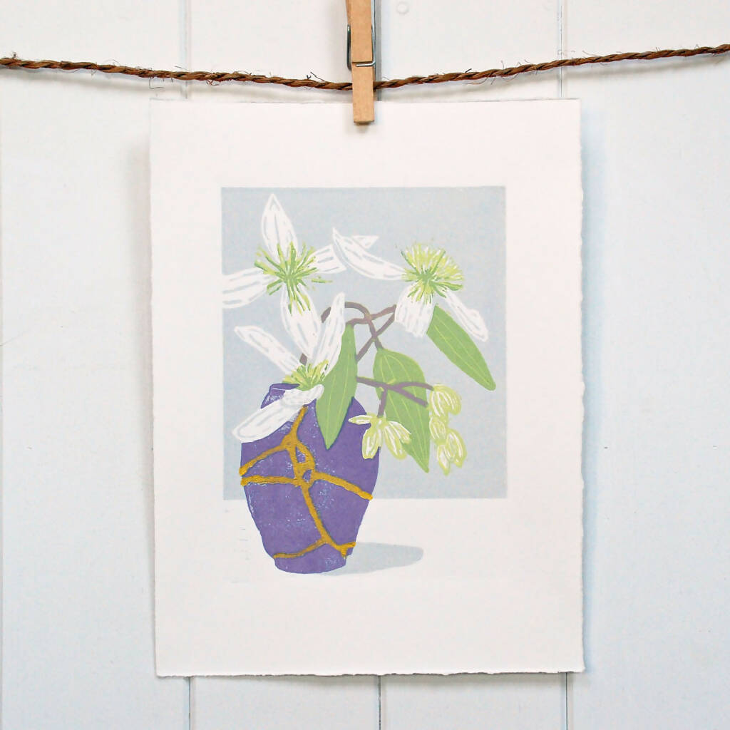 Clematis in Kintsugi Vase - Limited Edition - Original Linocut Print