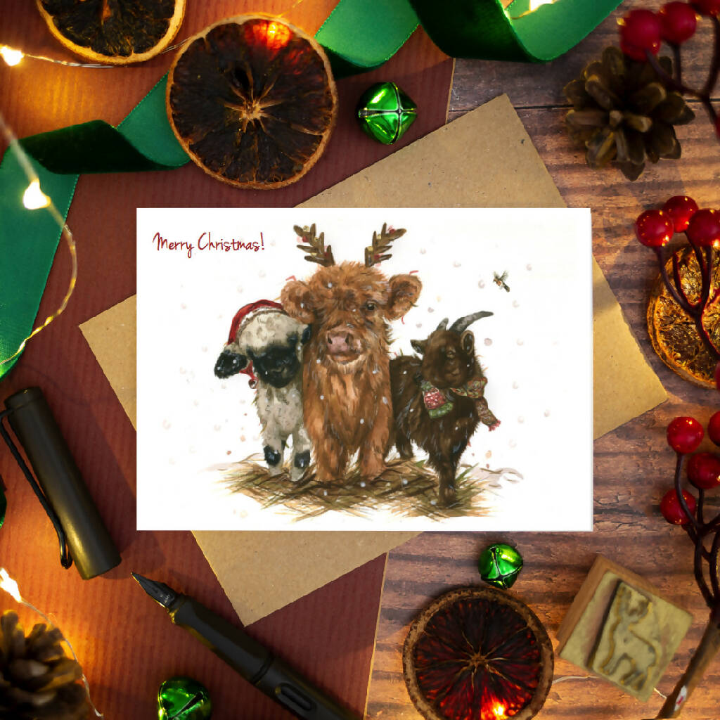 Highland Calf, Valais Blacknose Sheep and Pygmy Goat Christmas Card