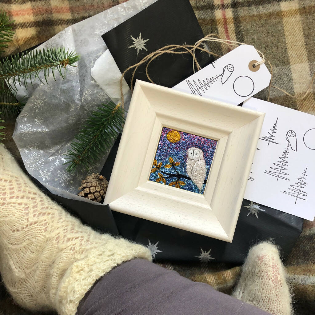 His Velvet Wings Framed Embroidered Artwork With White Owl And Moon