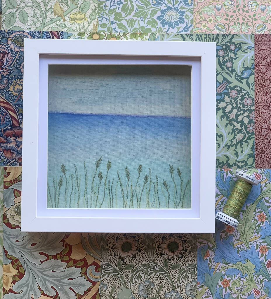 Box Frame Artwork of a Seaview in Watercolour and Machine Stitch