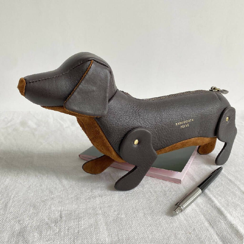 Leather Sausage Dog Pencil Case in Chocolate