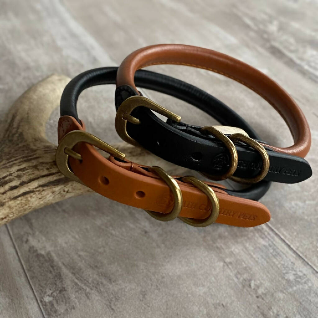 Rolled Leather Dog Collar Black with Tan
