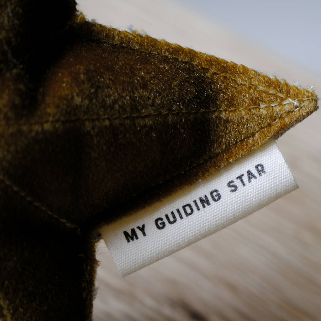 My Guiding Star fabric label sewn on a velvet star decoration