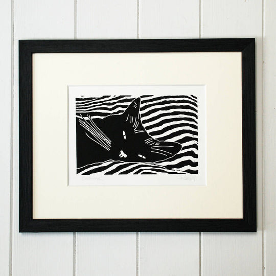 Black Cat - 'Bedtime' - Personalised Original Linocut Print - Other Black Cat Prints Available
