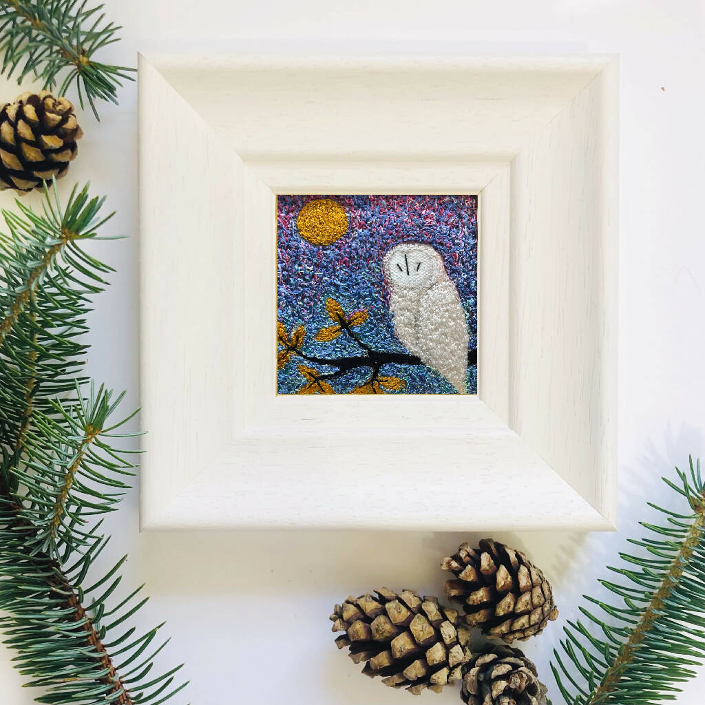 His Velvet Wings Framed Embroidered Artwork With White Owl And Moon1
