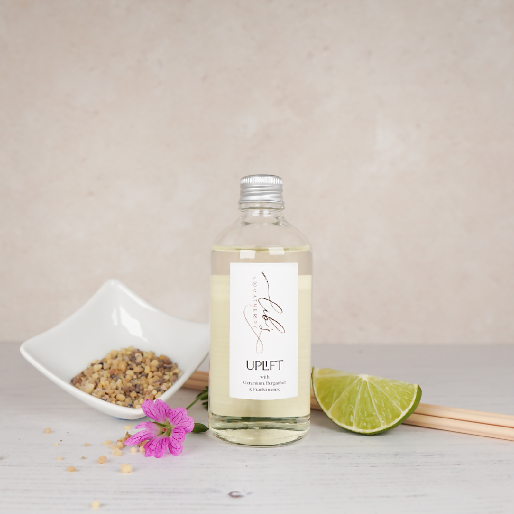An uplifting diffuser refill with bergamot, geranium and frankincense