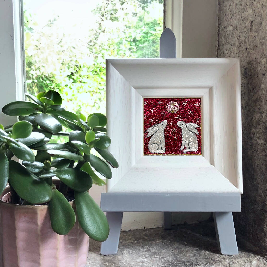 As Long As The Stars Are Above You Embroidered Framed Artwork Two White Hares Under A Starry Sky