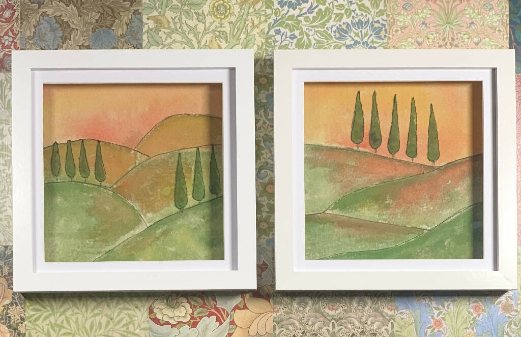 Hand-Painted and Stitched View of the Tuscan Landscape in a Frame