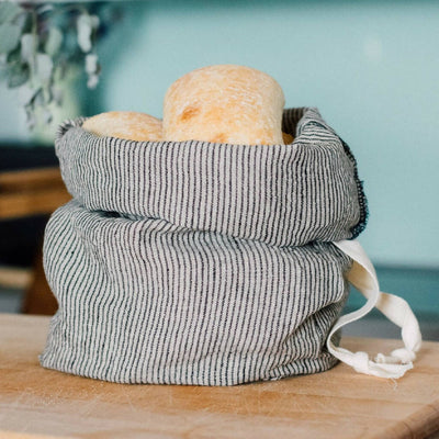 Linen Bread Bag in Dark Blue and Natural Stripe