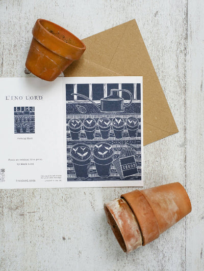 In the Potting Shed A6 Lino Print Greeting Card