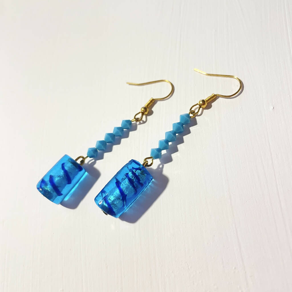 Sea Blue Crystal Glass Dangle Earrings