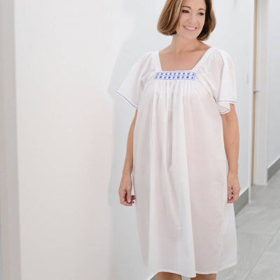 White Cotton Nightdress with Navy Blue Embroidery