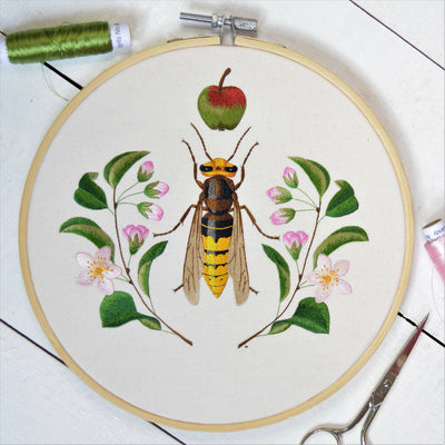 Hornet and Crab Apple Silk Hand Embroidered Art