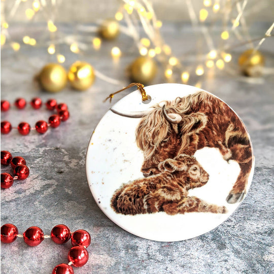 Highland Cows Personalised Ceramic Christmas Ornament