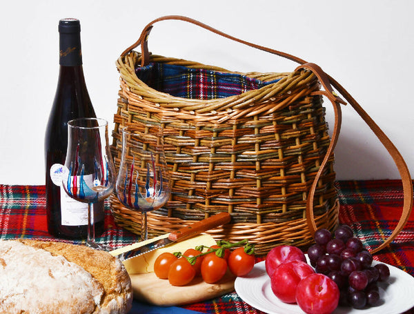 Large Oval Basket with Leather Shoulder Strap and Tartan Lining
