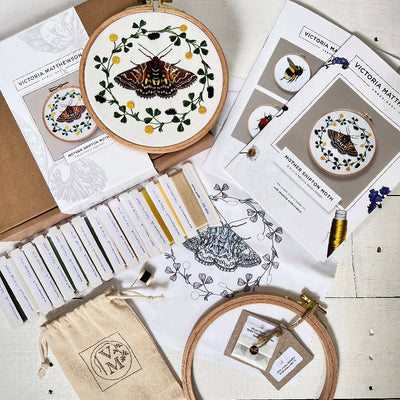Mother Shipton moth and black medick silk embroidery contents kit