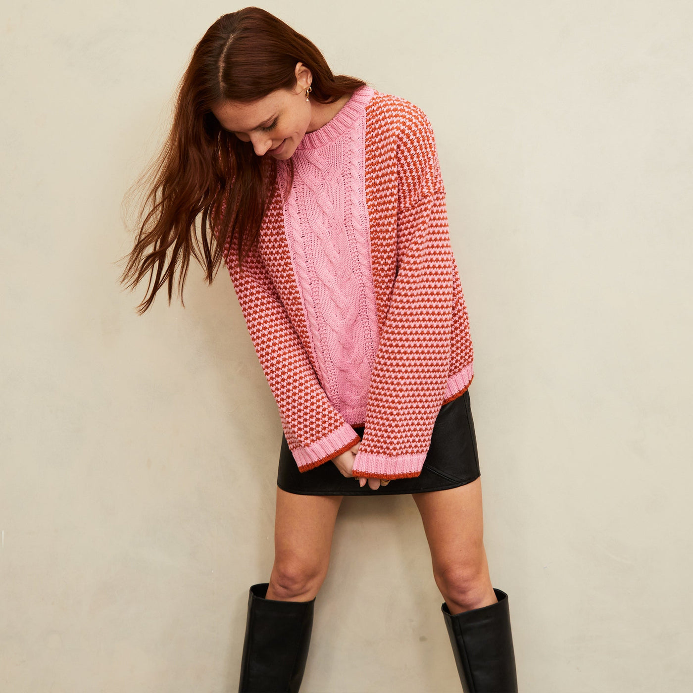Frankie Cable Knit Crew Neck Jumper - Pink
