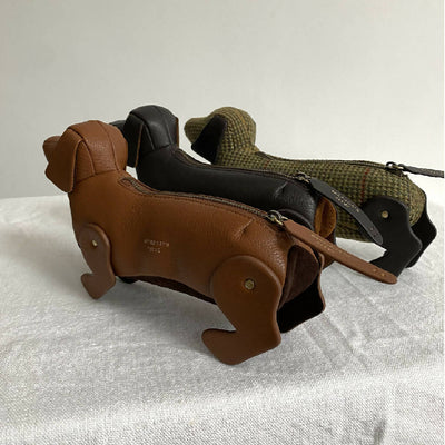 Leather Sausage Dog Pencil Case in Chocolate
