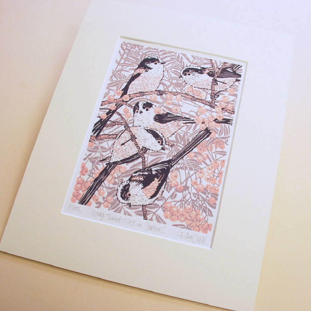 Long-tailed Tits in Sorbus - Limited Edition - Original Linocut Print