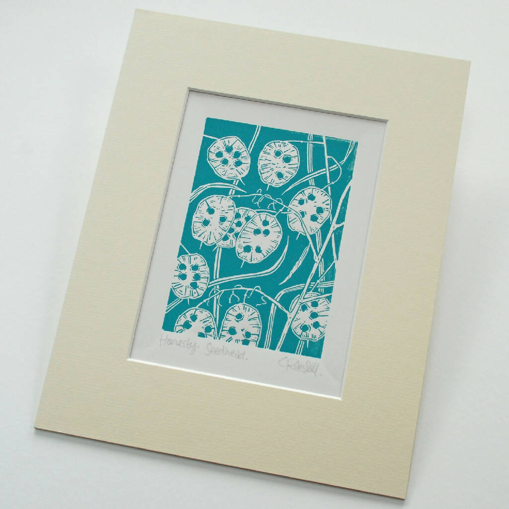 Honesty Seedhead in Teal Blue - Open Ended Edition - Original Linocut Print