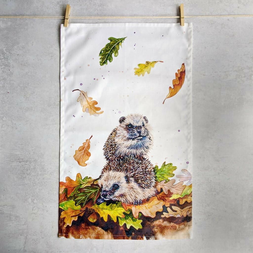 Autumn Hedgehogs Cotton Tea Towel
