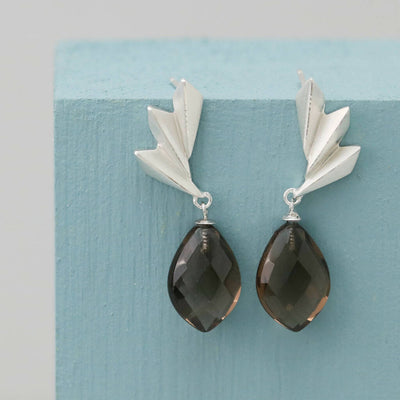 Geometric Fan Drop Earrings with Smokey Quartz in Solid Sterling Silver